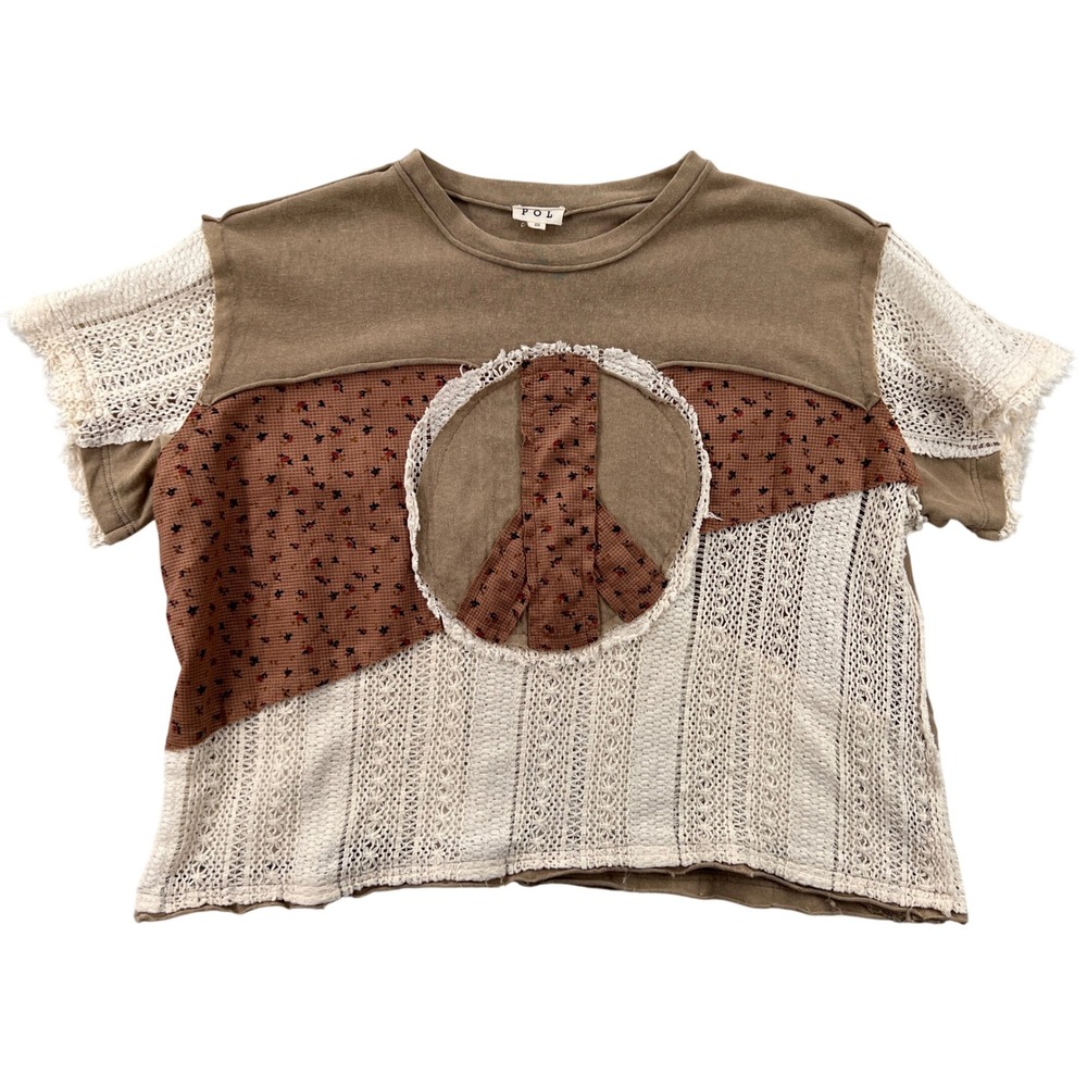 POL Women Small Peace Sign Mixed Media Crochet Lace Top Brown Boho Indie Cottage